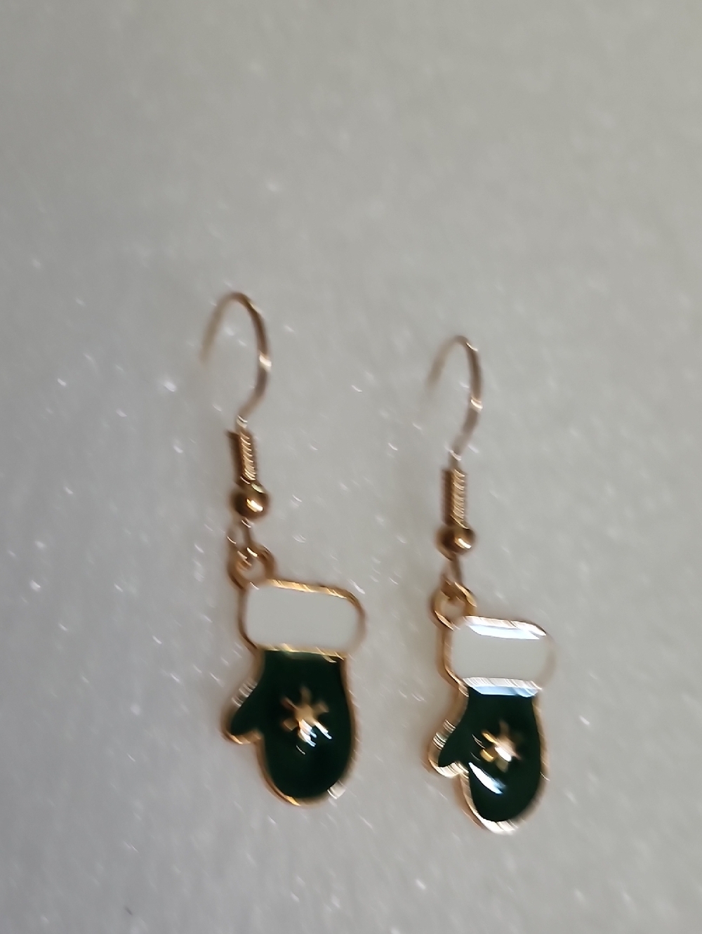 Hand Crafted Gold-Tone Green and White Mitten Drop Earrings
